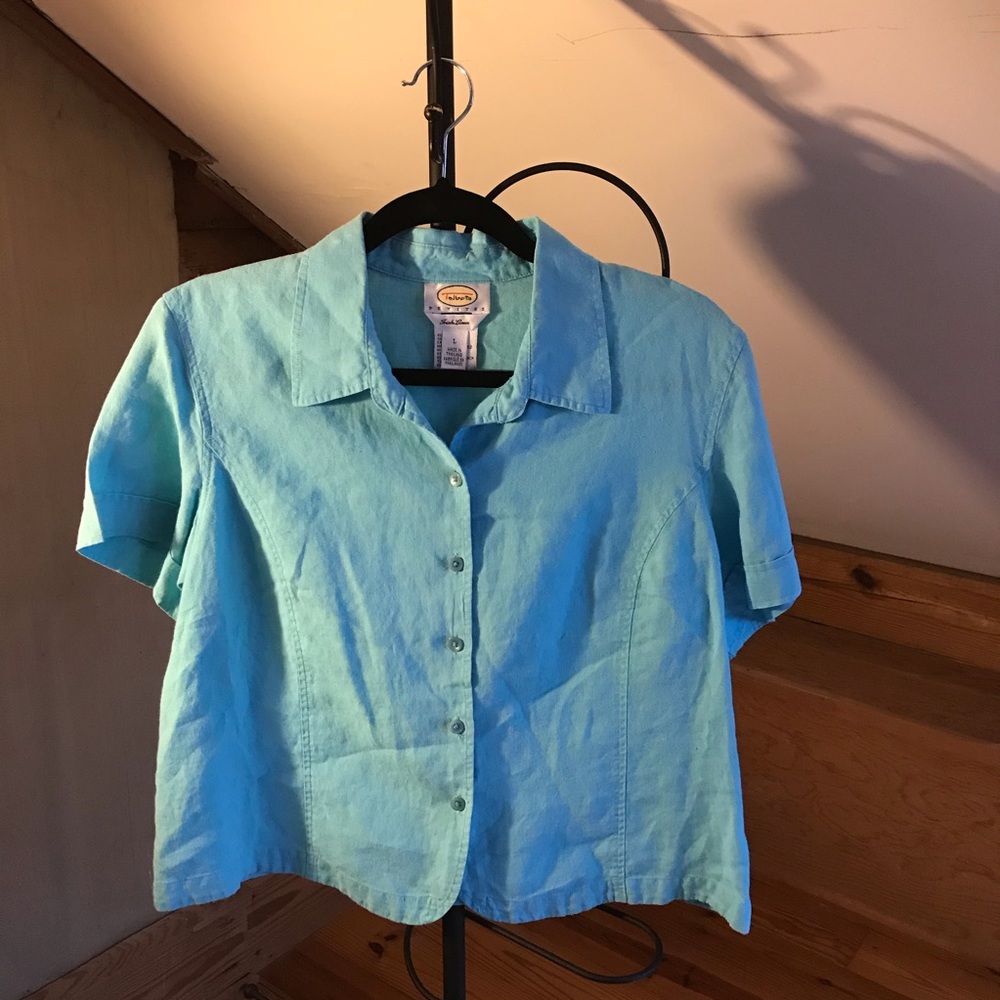 Talbots Teal Irish Linen Short Sleeve Button Down Top, EUC, L